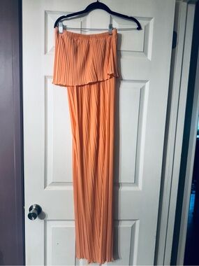 Pleated Strapless Wide-Leg Jumpsuit in Peach